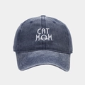 Detail of CAT MOM embroidery on a washed dark blue denim baseball cap for women - Adjustable / Navy Blue