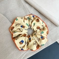 Beige and orange lace hair scrunchie with cute hamburger print and text pattern - Q546-8 Beige Fast Food Print