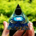 Orgonite energy pyramid with blue stones, metal gears, and a black sphere top detail - 6cm / A33-Blue Stone Gears Mandala Black Ball