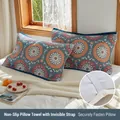 Pair of four-layer navy blue cotton gauze pillow towels with orange mandala patterns - Blue Mandala