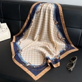 Elegant navy blue square silk scarf with golden chain print and vintage patterns - 66 Square Scarves / 65