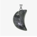 Moon-shaped pendant in grey spotted natural stone with silver clasp on white background - Larvikite