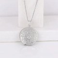 Polished silver stainless steel round locket necklace with floral engraved pattern - Chrysanthemum Round/Steel