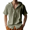 Men's olive green short sleeve hooded shirt with button closure and linen texture - XL / Army Green
