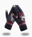 Navy blue winter knitted touchscreen gloves featuring reindeer and snowflake patterns - Navy Blue