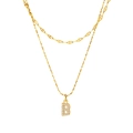 Double-layered golden stainless steel necklace with sparkling letter B pendant and gems - Gold-B