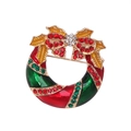Christmas wreath brooch in gold metal with red and green enamel and sparkling rhinestones - Bow Combination