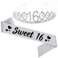 Silver 16th birthday crown and Sweet 16 sash set with sparkling rhinestones for girls - Silver Sweet 16 Set