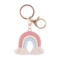 Portachiavi arcobaleno fatto a mano in cotone rosa, beige e azzurro con nappe - Rosa