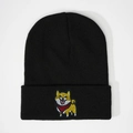 Close-up of black ribbed knit beanie with Shiba Inu embroidery and soft warm fabric - Black