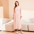 Pink absorbent long-sleeved towel bathrobe with front pockets and white piping trim - Pale Pink (Women)
