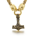 Golden Mjolnir pendant with Celtic carvings and skull detail on a Byzantine chain - Gold Necklace Set (KN115839-Z)