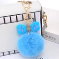 Sky blue faux fur pompom keychain with dinosaur bow and golden metal lobster clasp - Bright Blue - Soft Glue Bow