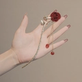 Elegante gouden haarspeld met rode fluwelen roos en lange kralenkwastjes detail - Nr. 11 Rode Bloem Blad Stijl / Goud Rood Bloem Blad Haarstok