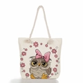 Detail of canvas tote bag showing cute owl print and durable rope handles on cream fabric - Pink Bow & Little Flower Owl