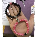 Matching couple bracelets with 8mm black and pink stone beads and heart magnet clasp - Black & White Heart Silver Couple Bracelets (黑白爱心银)