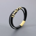 Multilayer black leather bracelet with golden Ankh charm and magnetic steel clasp - Gold (KB180739-JR)