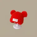 Bright red baby winter knit hat with fluffy double pompoms and ear protection - Korean Style Children's Clothing Red (2 Months - 2 Years Old)