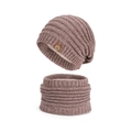 Winter knitted beanie and neck warmer set in dusty pink with cozy fleece lining - Coffee
