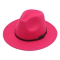 Detailed view of the fuchsia felt fedora hat featuring a black faux leather band and metal buckle - M(56-58cm) / Rose Red