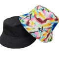 Reversible bucket hat featuring solid black finish and colorful oil painting graffiti pattern - 16 (Watercolor Graffiti Print + Black)