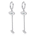 Detail of silver evil eye dangle earrings with blue stones and long fringe chains - Steel-1 Oval (MS-770)