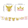 God Bless banner and cake toppers with pink floral and gold glitter cross angel designs - Holy Communion Banner Set