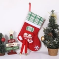 Red Christmas stocking with 3D snowman, plaid cuff and small bells hanging on the long legs - Long Legs Snowman with Bell