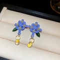 Orecchini vintage a fiore smaltati blu con pendente a goccia giallo traslucido - Stile Floreale Smaltato (62#) / Blu