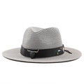 Close-up of straw panama hat with bull head metal buckle and floral embroidery details - M (56-58cm) / Gray