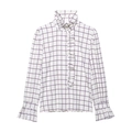 Classic white shirt with purple plaid pattern featuring elegant ruffle collar and cuffs - S / Purple Plaid (White)