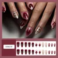Deep burgundy press-on nails with floral art and gold accents, 24 piece long stiletto set - Jelly Glue Type / DZ682-B7 Scarlet Gold Flower Language