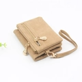 Detail view of khaki faux leather wallet with golden zipper and detachable wrist strap - Short Style / Beige