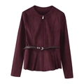 Women's burgundy suede-texture zip jacket with dark brown slim belt on white background - XS / Reddish Brown