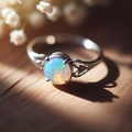 Minimalist silver ring with a round opal featuring vibrant colorful fire and leaf cutout - US 6 / White Gold