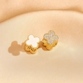 Gold plated four-leaf clover earrings with white enamel and sparkling zircon on silk - Gold Frame White Shell & Zirconia
