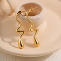 Golden titanium steel wavy streamline drop earrings with polished 18k gold plating - Geometric Liquid Water Drop