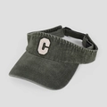 Detail of green washed denim sun visor showing C towel embroidery and fabric texture - Army Green