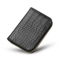 Slim black crocodile texture leather credit card holder with gold zipper closure - Black Crocodile Print
