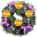 Christmas advent wreath with purple ornaments, pine cones and four gold candle holders - 30cm Purple Silver Berry Basin Cup