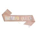 Fascia BIRTHDAY QUEEN in glitter oro rosa con spilla di sicurezza dorata coordinata - QUEEN Oro Rosa Scritte Olografiche