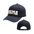 Detail of navy cotton baseball cap featuring gold sequin MAMA embroidery and metal buckle - Black