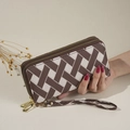 Women's brown checkered large wallet with double zippers and a matching wristlet strap - Coffee