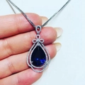 Elegant pear-shaped blue sapphire pendant necklace with crystal bowknot on silver chain - Sapphire Blue
