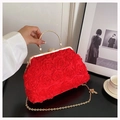 Red 3D rose flower evening clutch bag with gold ring handle and chain strap for weddings - Red