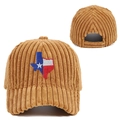 Détail de la texture en velours côtelé et broderie du Texas sur bonnet marron - Khaki