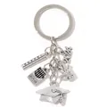 Silver teacher gift keychain with ruler, crayons, and 2024 graduation cap pendants - 2024 Graduation Theme Style (E3949) / Silver