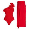 Costume monospalla rosso con ruches 3D e gonna a portafoglio a vita alta coordinata - S / Set