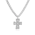 Macro shot of silver cross pendant with cubic zirconia on classic curb chain - Silver Hammered Cross Necklace