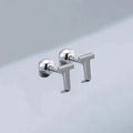 Polished silver stainless steel T-letter stud earrings with secure screw-back ball closure - Letter T (T55662) / Silver